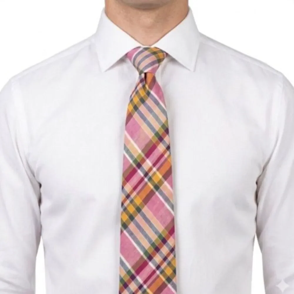 J. Crew Men's Pink Orange Multicolor Preppy Madras Plaid 100% Cotton Tie